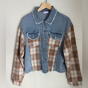 Distressed Denim and Plaid Flannel Jean Denim Frayed Jacket Size Medium